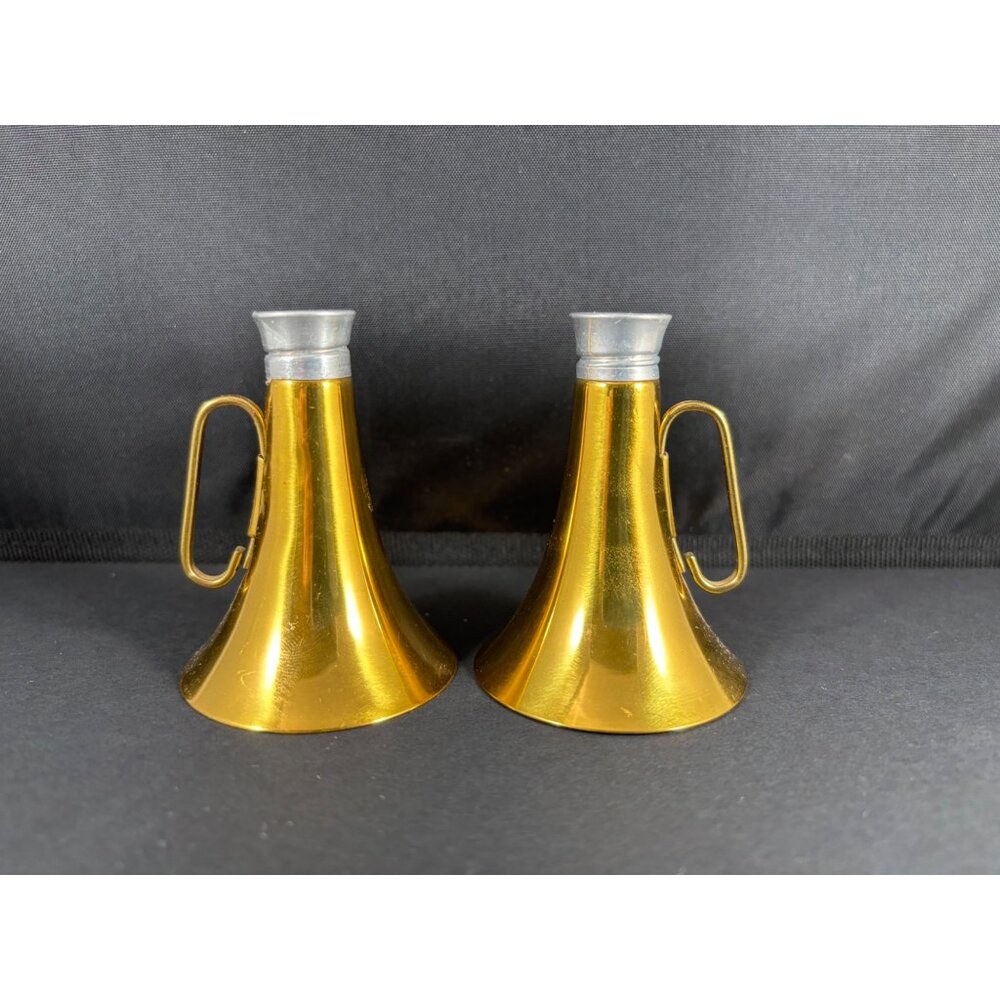 Vintage Salt & Pepper Shakers Glass & Brass Tin Megaphone Horn Cheerleader
